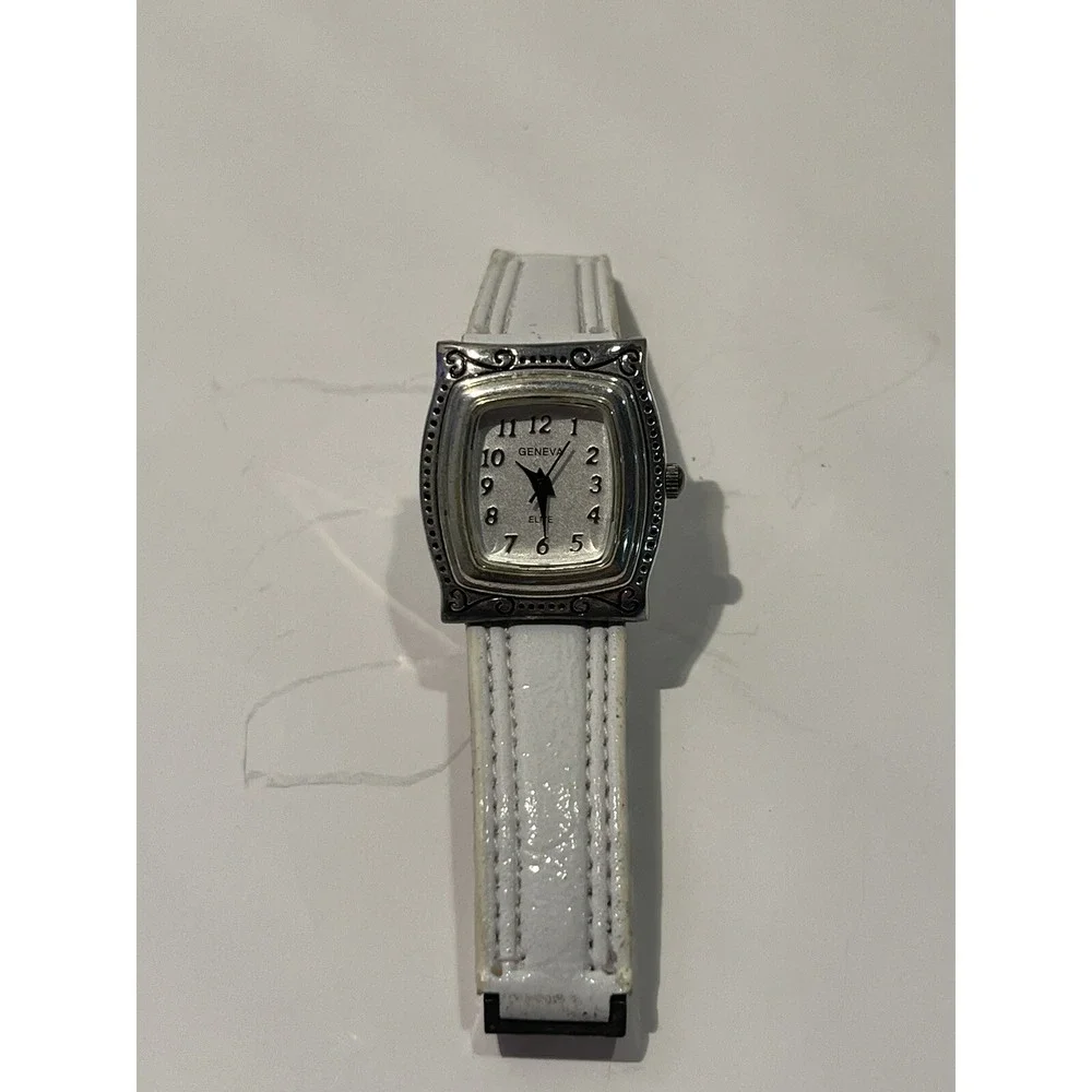 Geneva Elite Watch Women's Silver Tone Ornate White Leather Band- New Battery